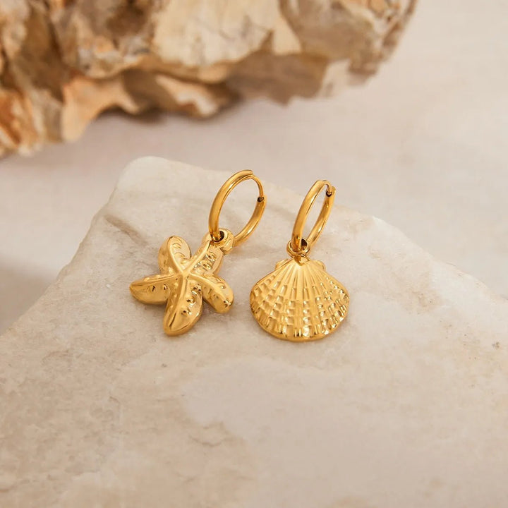 Vintage Gold Seashell & Starfish Drop Earrings - Maka Boho