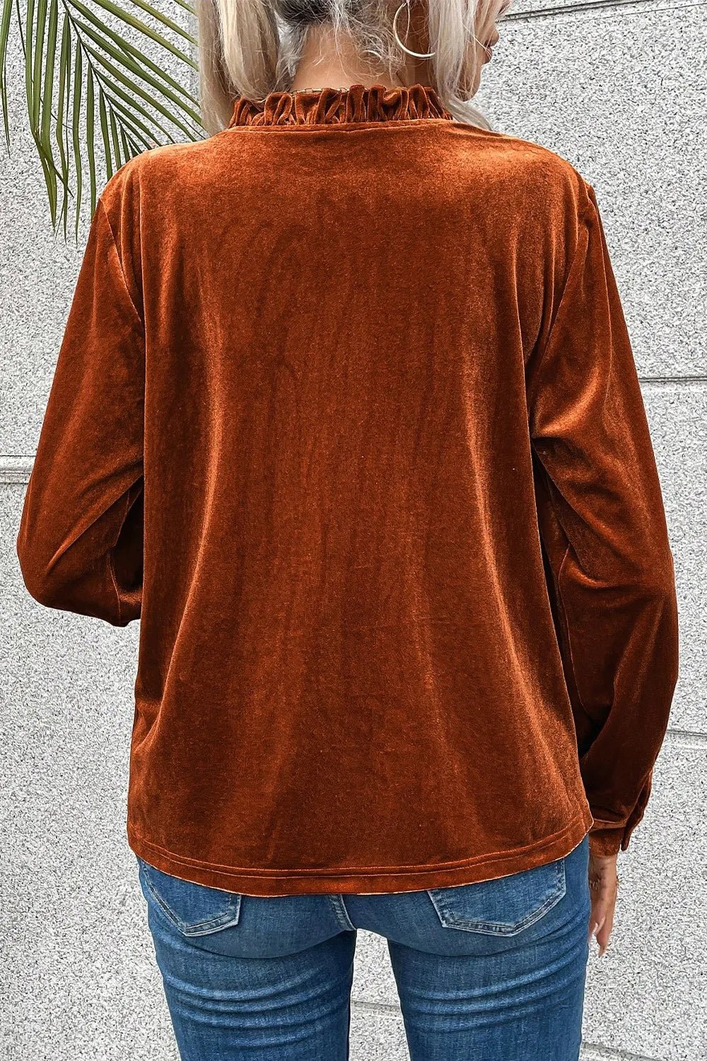 Notched Frill Detail Long Sleeve Blouse - Maka Boho