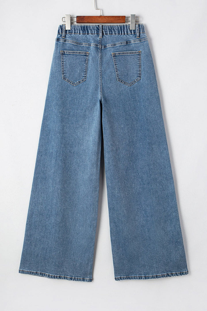 Dusk Blue Medium Wash Drawstring Waist Wide Leg Jeans - Maka Boho