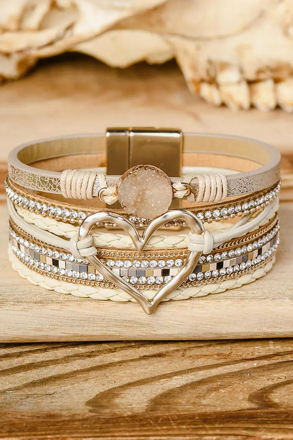 Beige Braided Heart Rhinestone Magnetic Buckle Multi Layered Bracelet - Maka Boho
