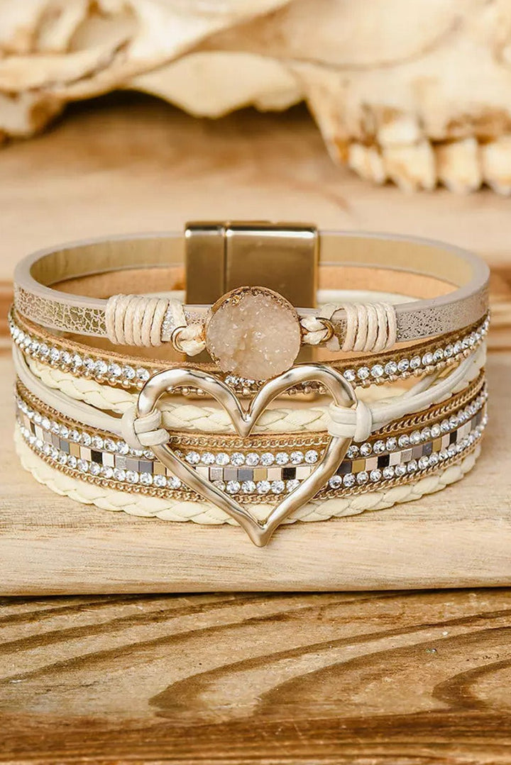 Beige Braided Heart Rhinestone Magnetic Buckle Multi Layered Bracelet - Maka Boho