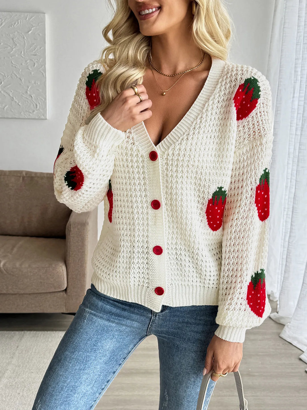 Strawberry Pattern V - Neck Button - Up Cardigan - Maka Boho
