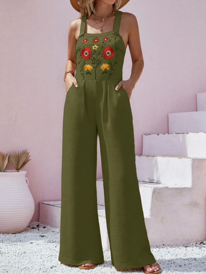 Floral Embroidered Wide Leg Jumpsuit - Maka Boho