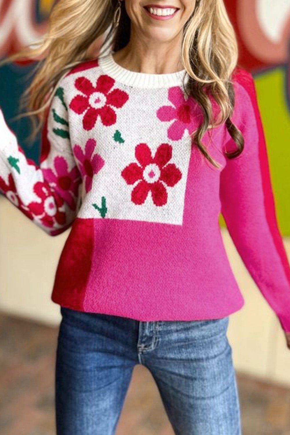 Rose Color Block Sweater - Maka Boho