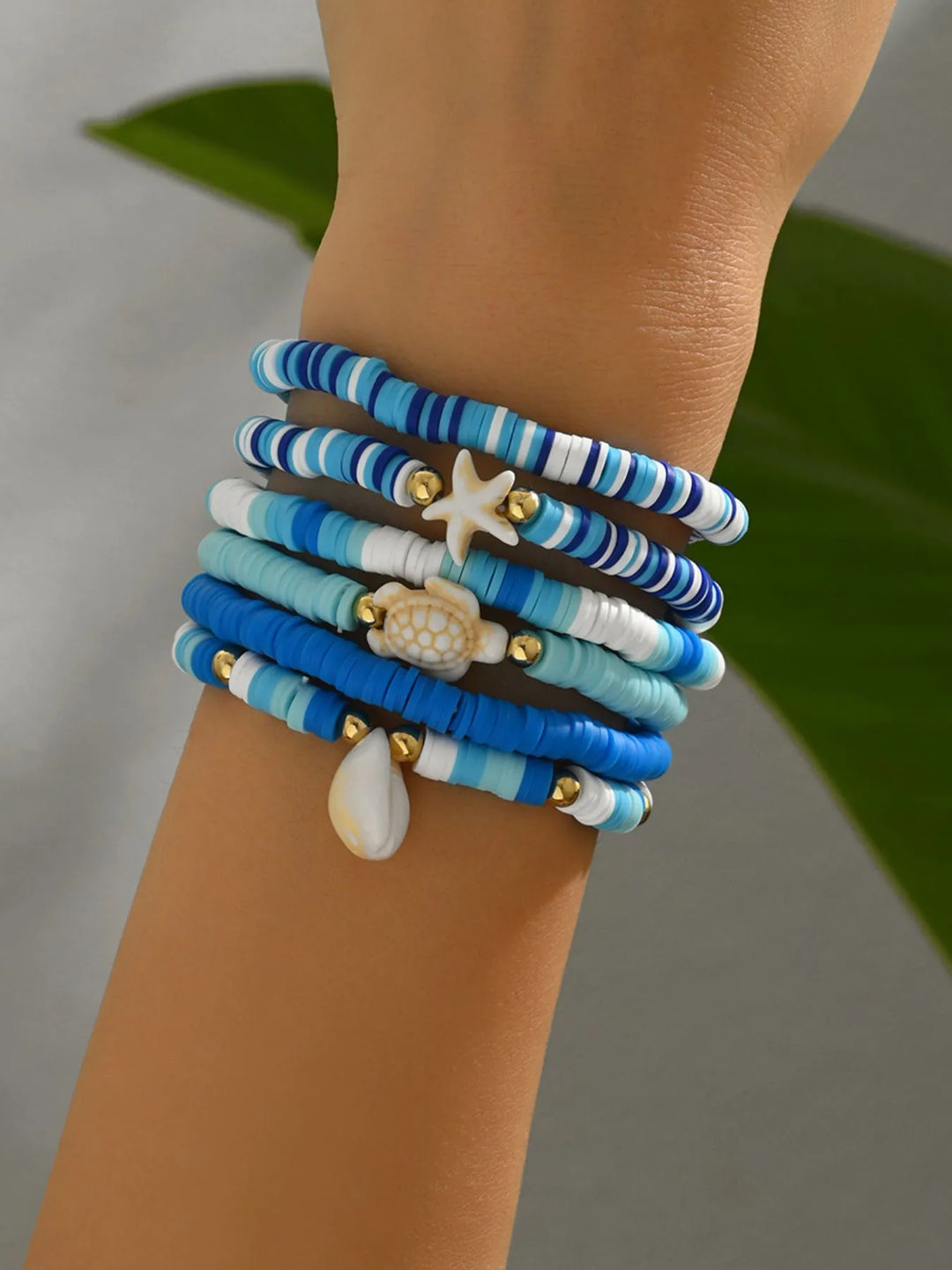 6 - Piece Ceramic Beaded Shell Bracelet - Maka Boho