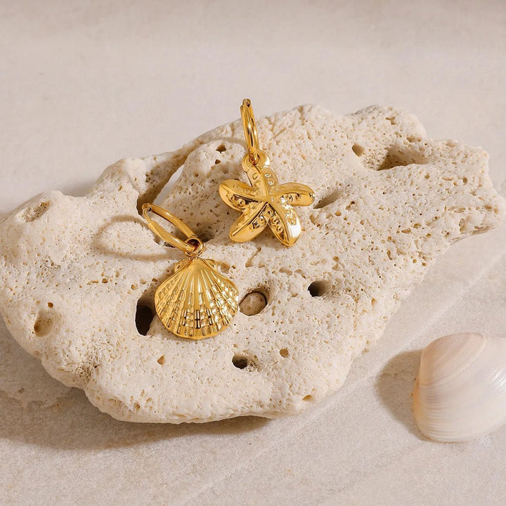 Vintage Gold Seashell & Starfish Drop Earrings - Maka Boho