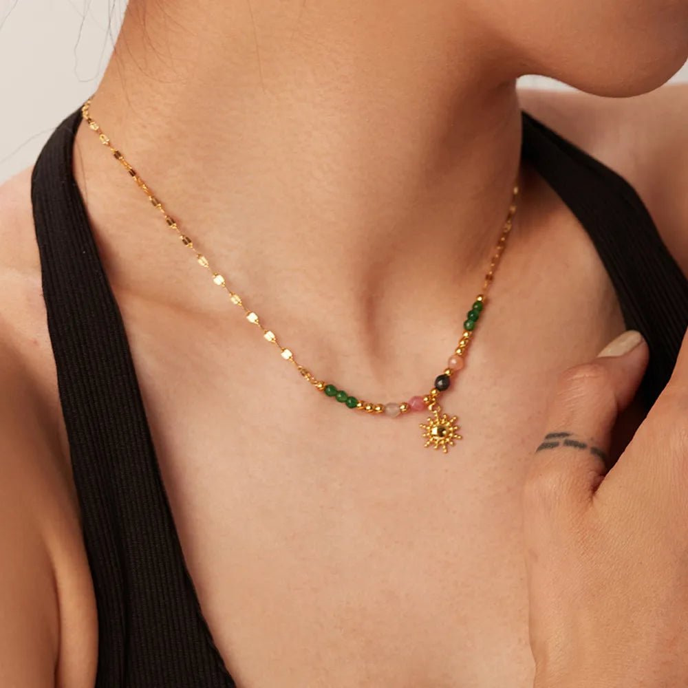 Bohemian Sun Charm Beaded Stainless Steel Necklace - Maka Boho