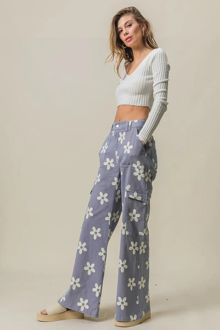 BiBi Flower Printed Side Pocket Wide Pants - Maka Boho