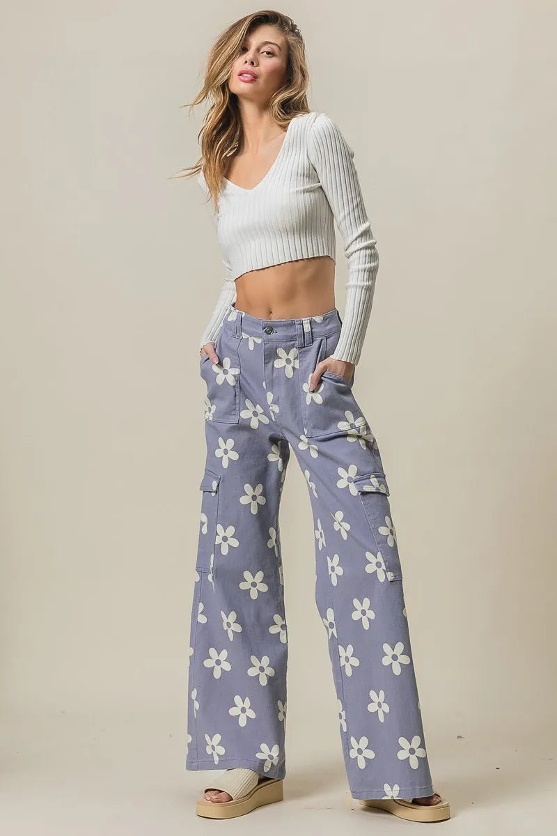 BiBi Flower Printed Side Pocket Wide Pants - Maka Boho