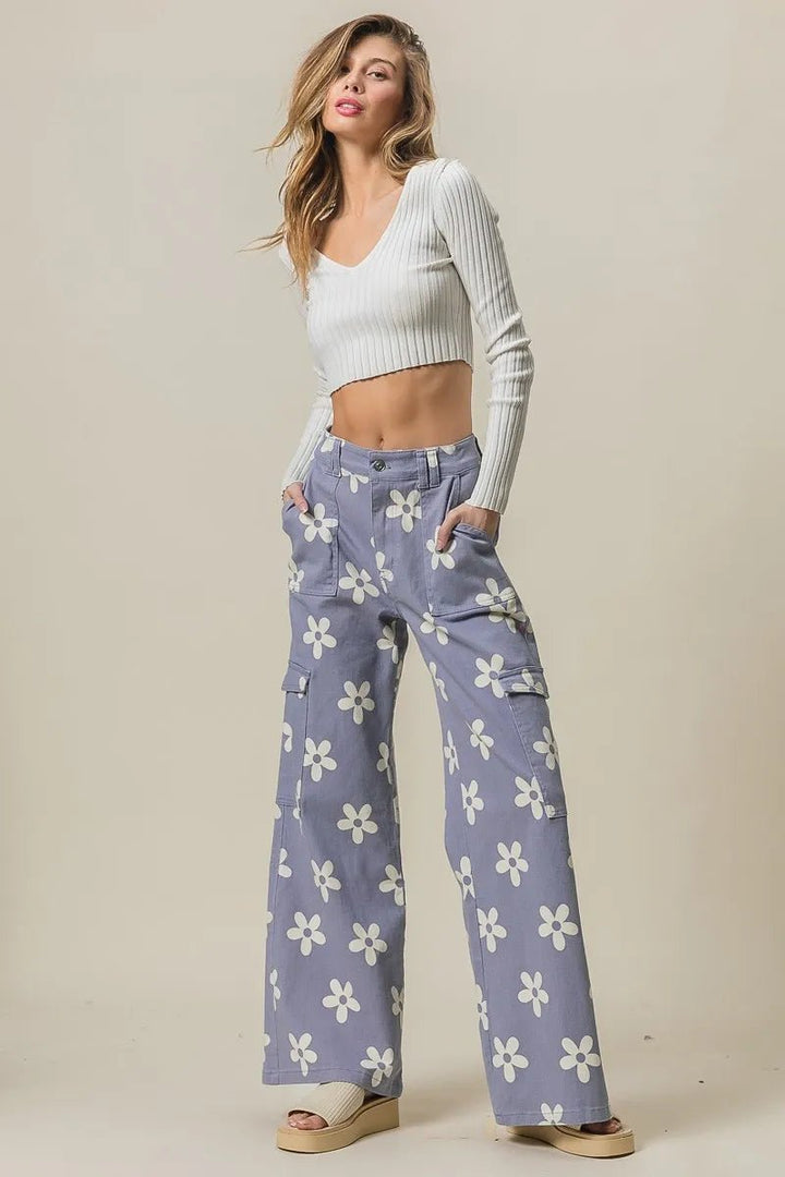 BiBi Flower Printed Side Pocket Wide Pants - Maka Boho
