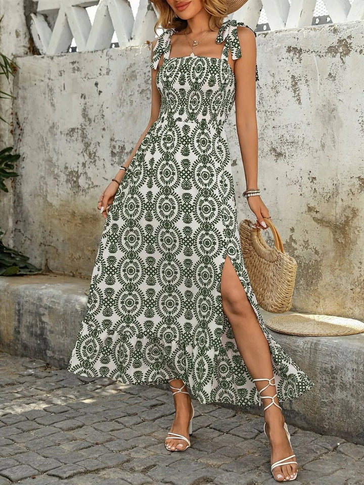 Smocked Slit Printed Tie Shoulder Dress - Maka Boho