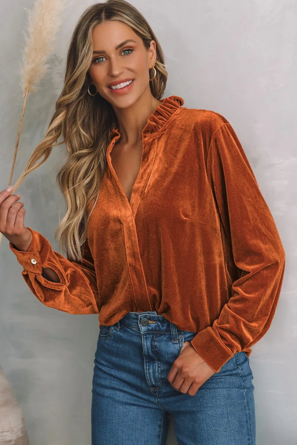 Notched Frill Detail Long Sleeve Blouse - Maka Boho