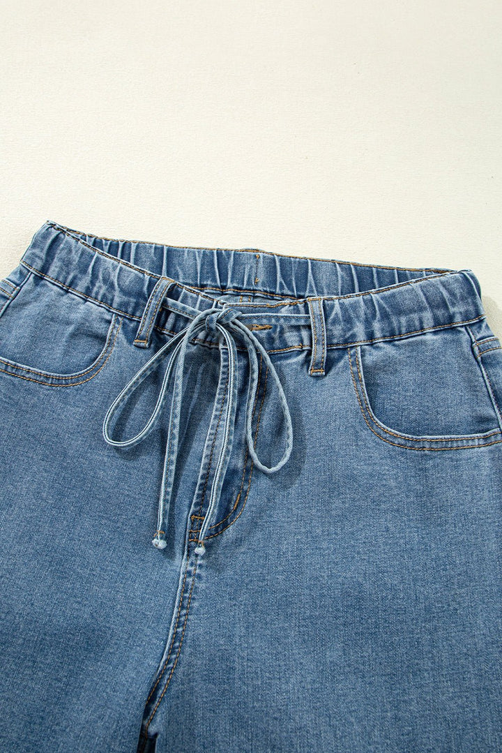 Dusk Blue Medium Wash Drawstring Waist Wide Leg Jeans - Maka Boho