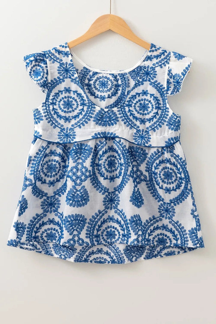 Boho Print Ruffled Cap Sleeve Crew Neck Blouse - Maka Boho