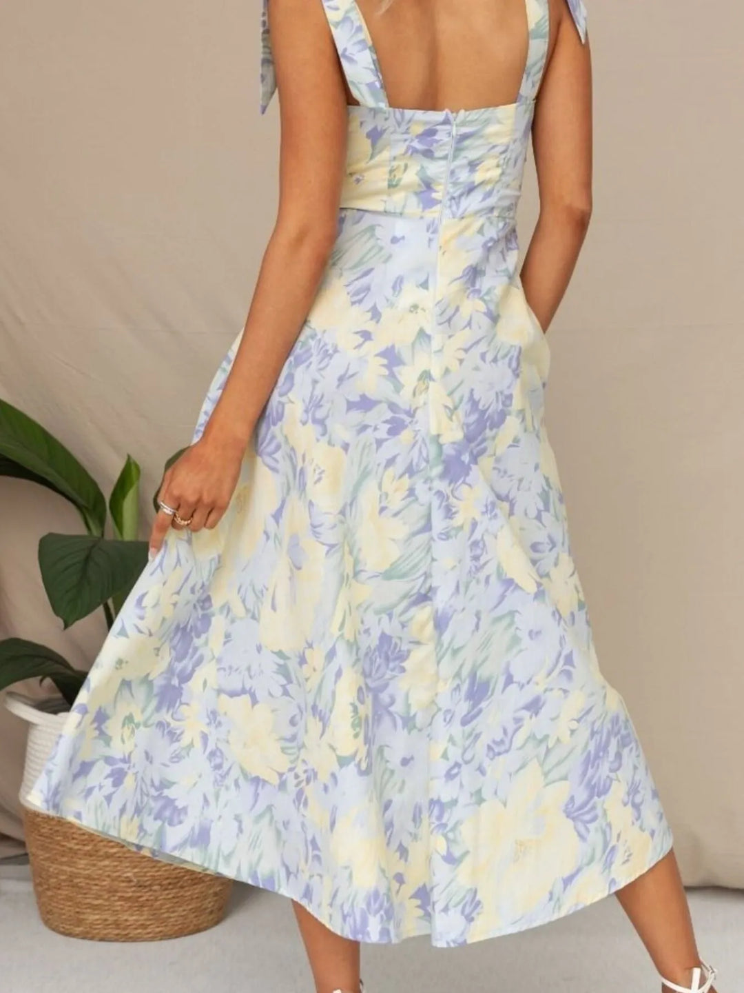 Floral Tie - Strap Sweetheart Neck Midi Dress - Maka Boho
