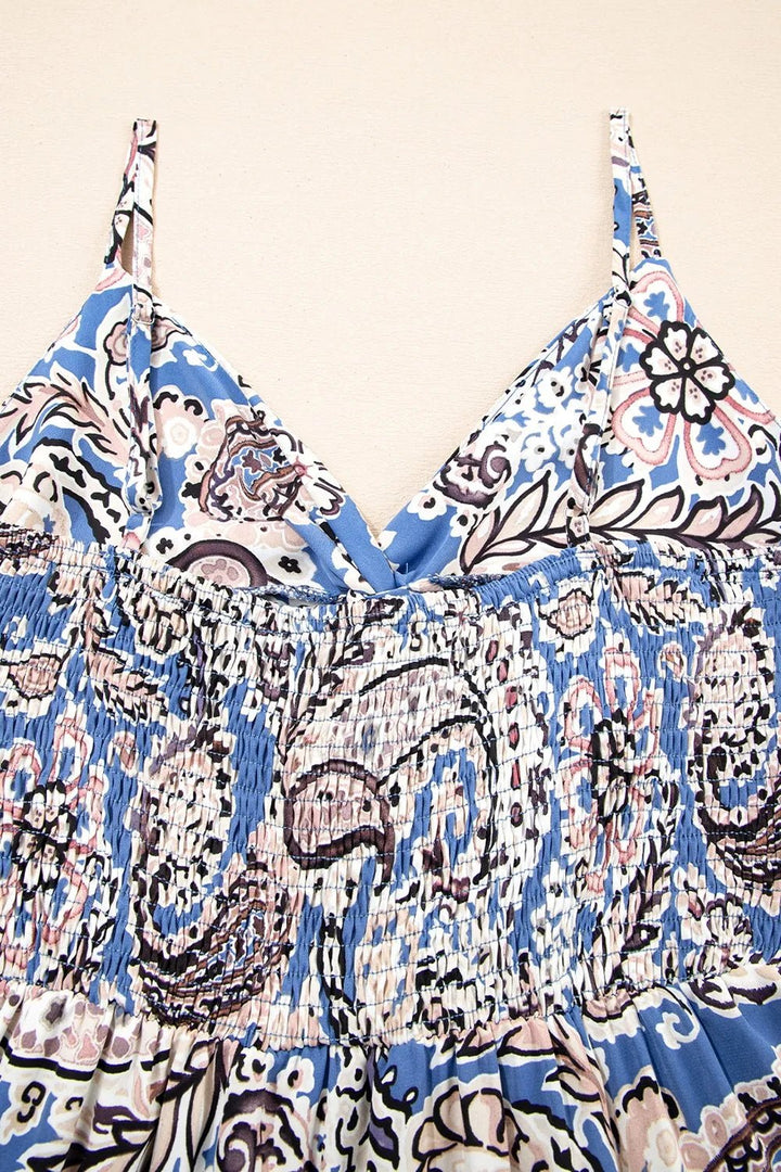 Paisley Print Twist Detail Smocked Back Spaghetti Straps Dress - Maka Boho