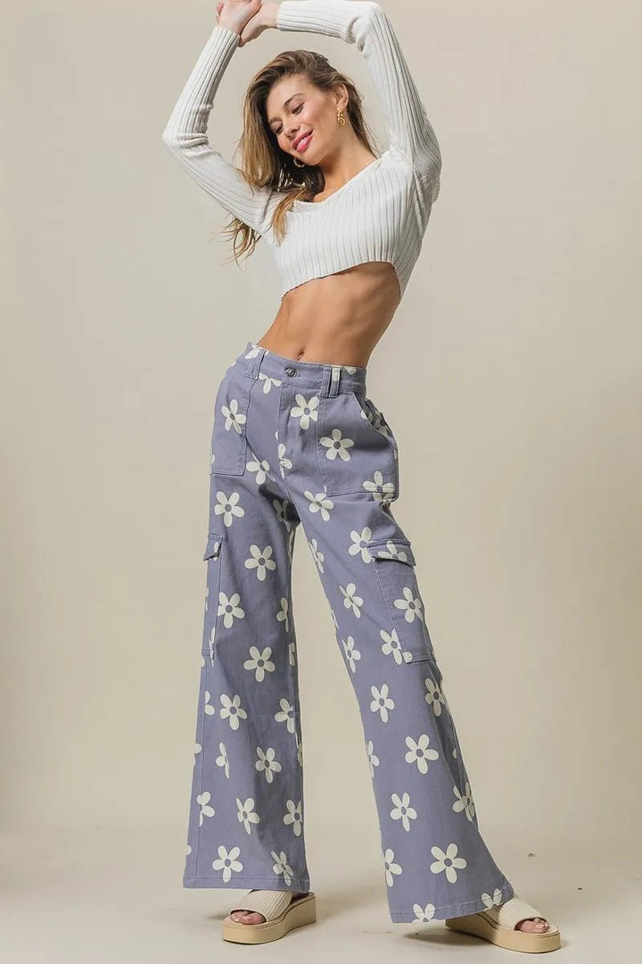 BiBi Flower Printed Side Pocket Wide Pants - Maka Boho