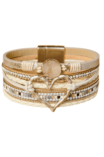 Beige Braided Heart Rhinestone Magnetic Buckle Multi Layered Bracelet - Maka Boho