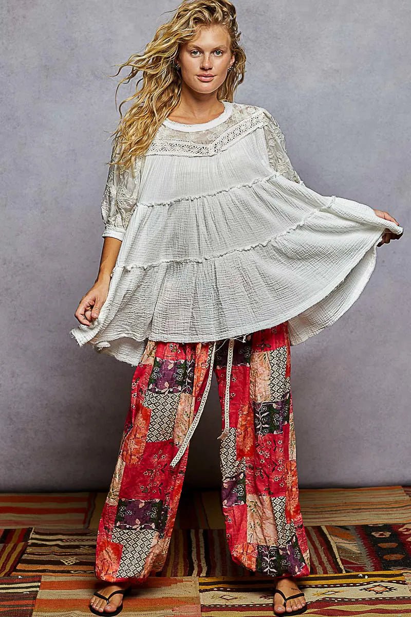 POL Lace Detail Tiered Round Neck Half Sleeve Blouse - Maka Boho