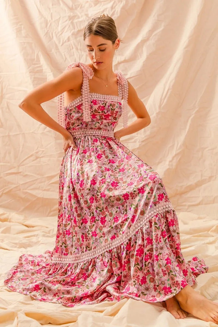 SO ME Floral Maxi Dress With Ribbon Tie Lace Strap - Maka Boho