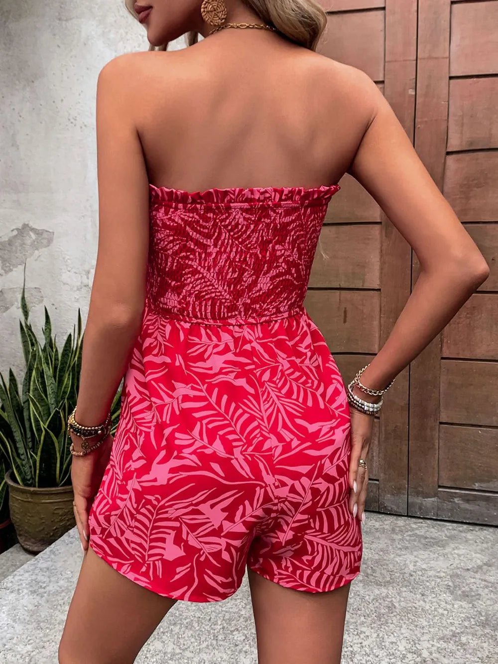 Perfee Smocked Printed Tube Romper with Pockets - Maka Boho