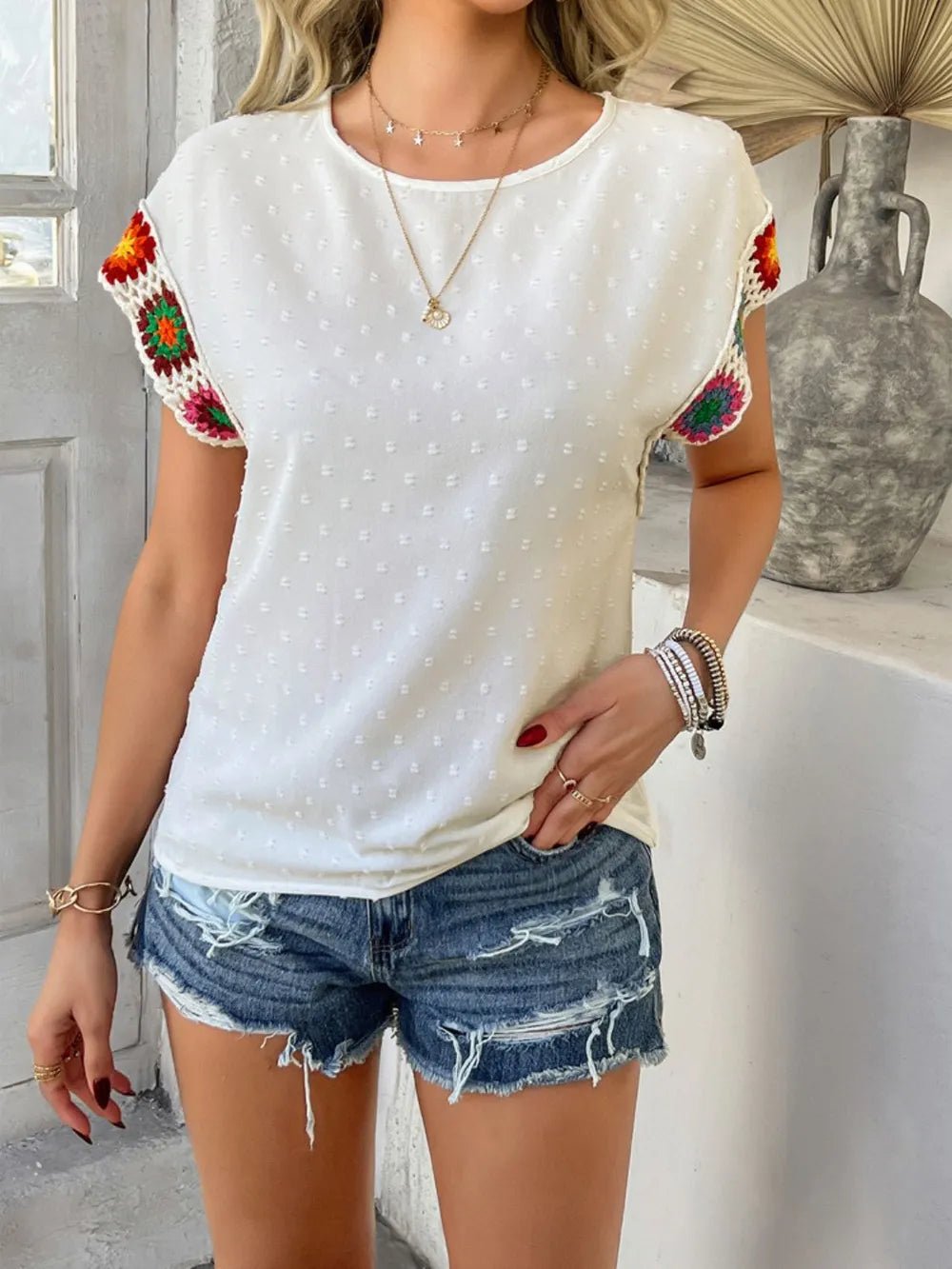 Devine Swiss Dot Round Neck Crochet Short Sleeve Top - Maka Boho