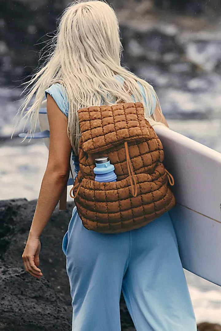 Pink Solid Flapped Quilted Puffer Backpack - Maka Boho