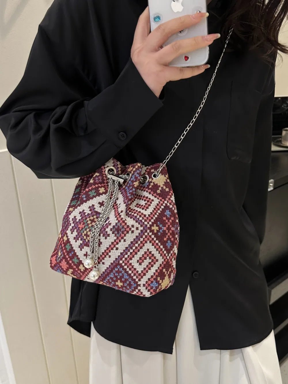 Printed Chain Bucket Bag - Maka Boho