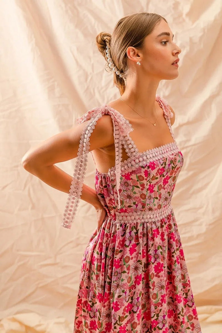 SO ME Floral Maxi Dress With Ribbon Tie Lace Strap - Maka Boho