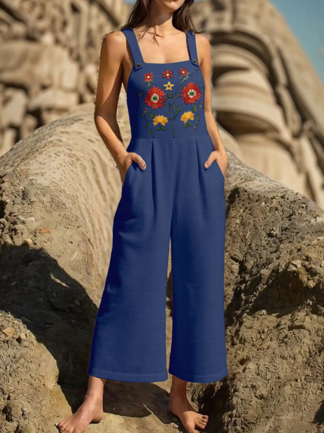 Floral Embroidered Wide Leg Jumpsuit - Maka Boho