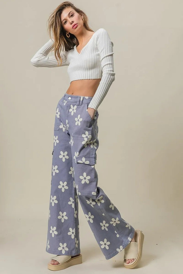 BiBi Flower Printed Side Pocket Wide Pants - Maka Boho