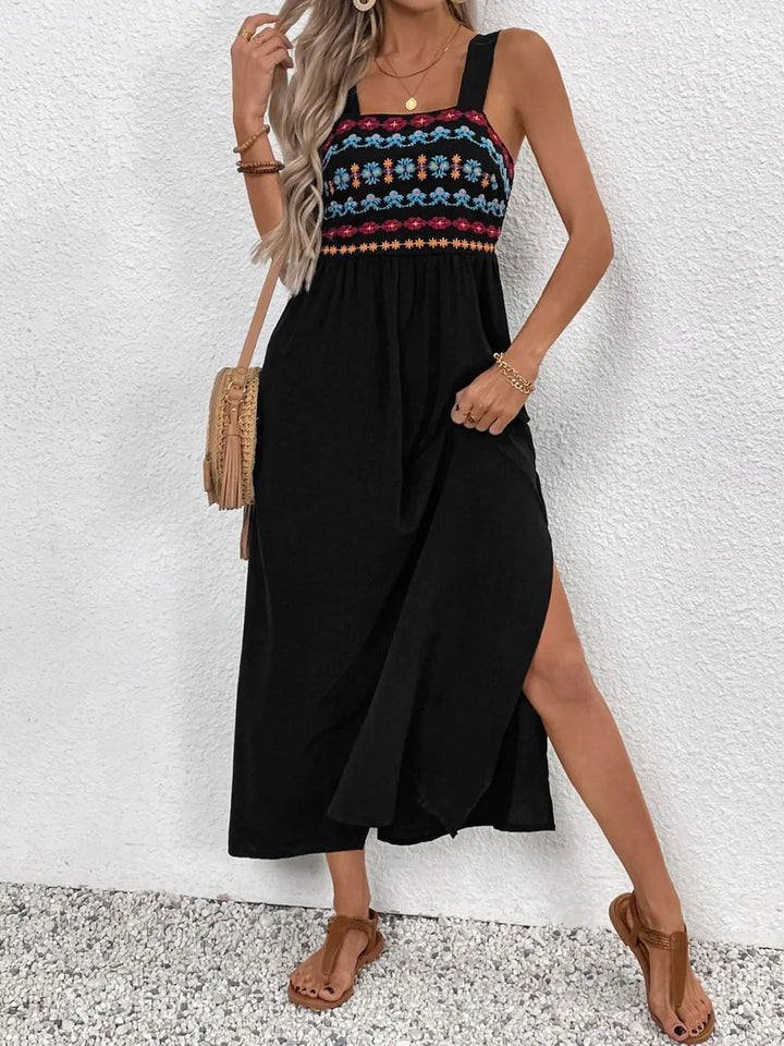 Perfee Embroidered Floral Side Slit Sleeveless Midi Dress - Maka Boho