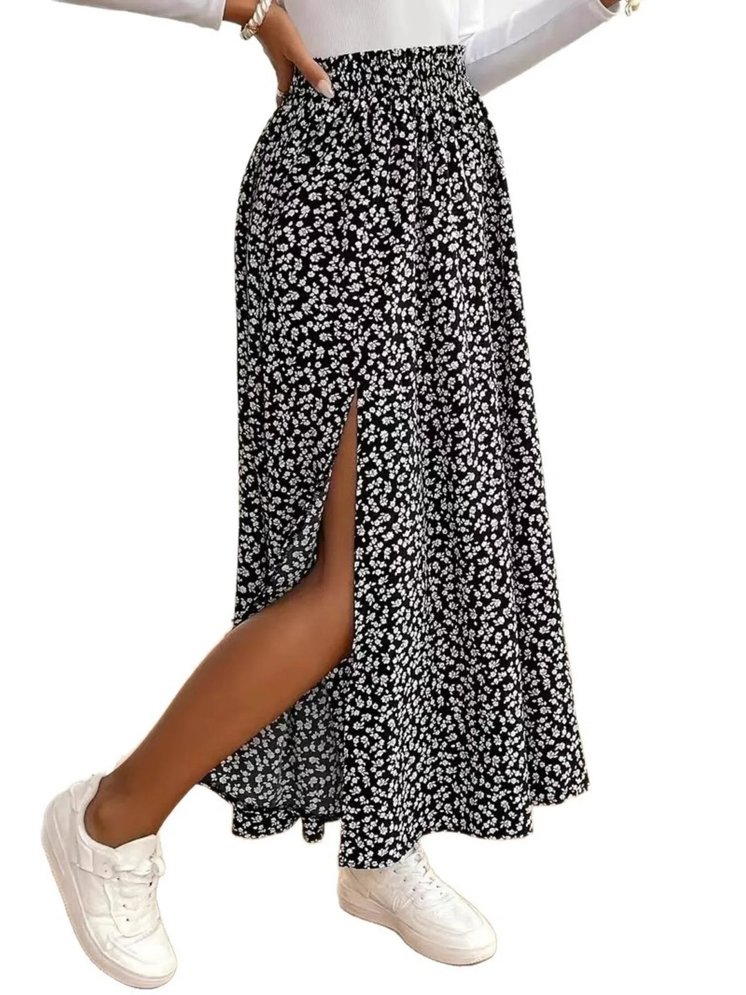 Floral Split Elastic Waist Maxi Skirt - Maka Boho