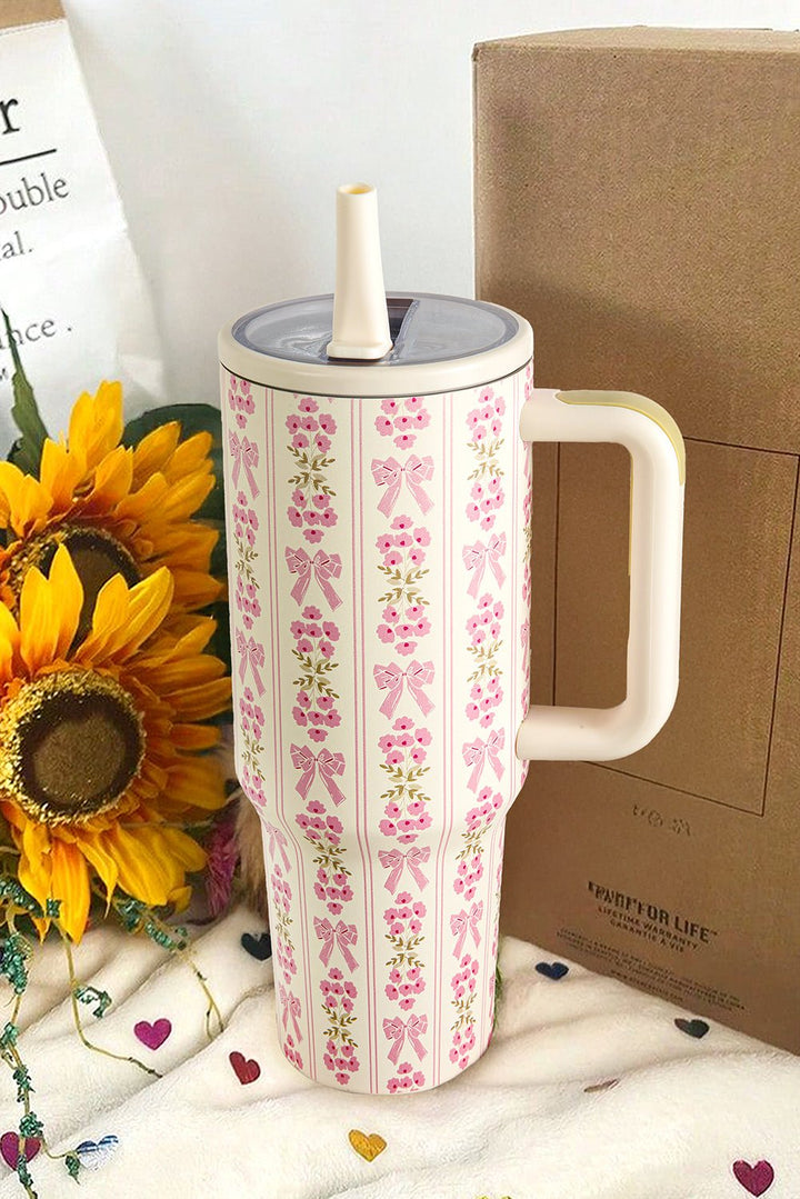 White Bow and Flower Striped 40oz Tumbler Cup - Maka Boho