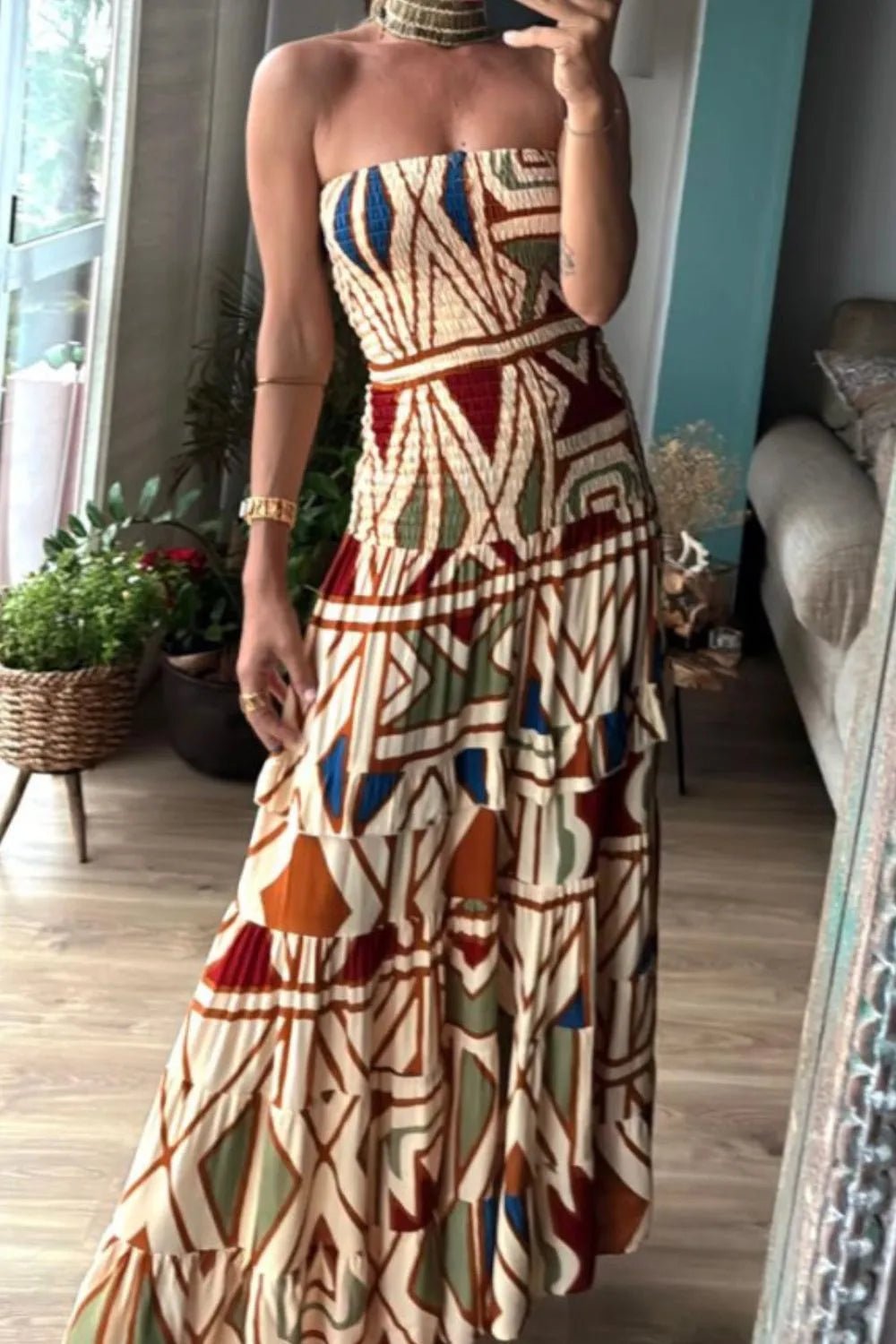 Smocked Printed Tube Dress - Maka Boho