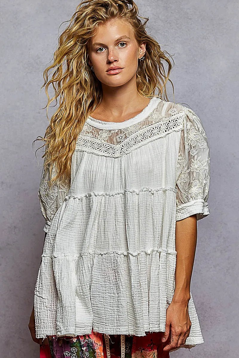 POL Lace Detail Tiered Round Neck Half Sleeve Blouse - Maka Boho