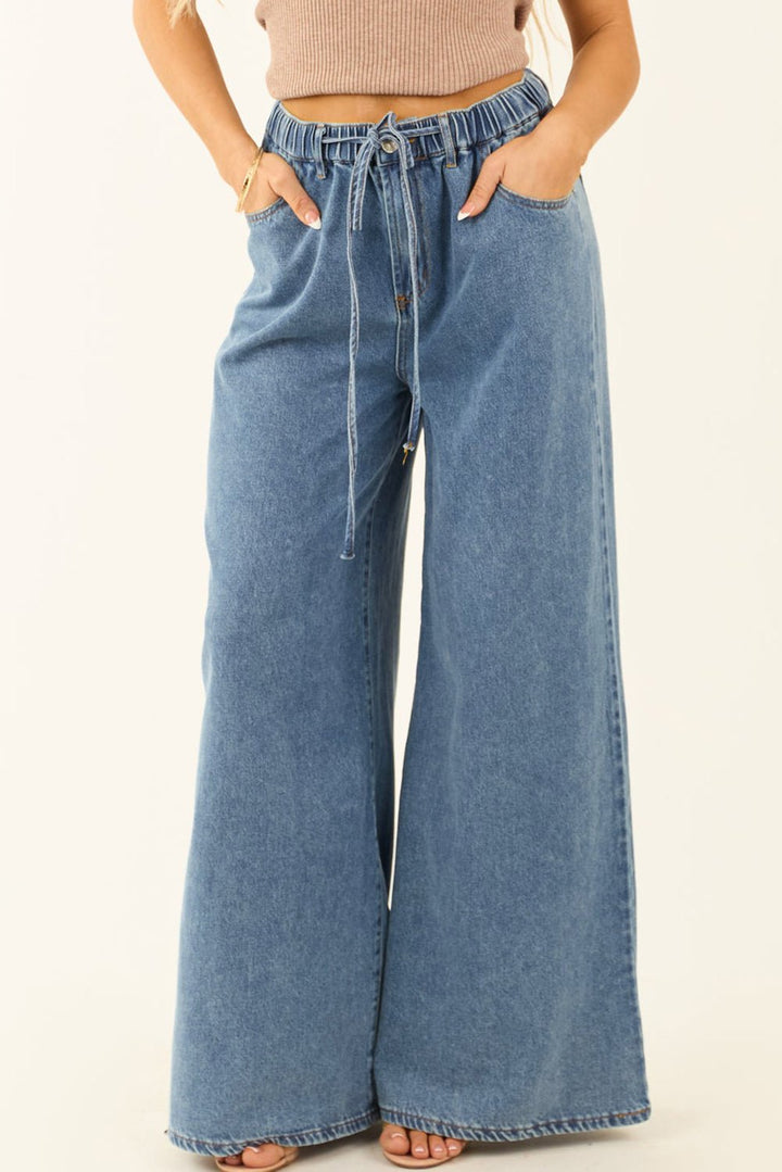 Dusk Blue Medium Wash Drawstring Waist Wide Leg Jeans - Maka Boho