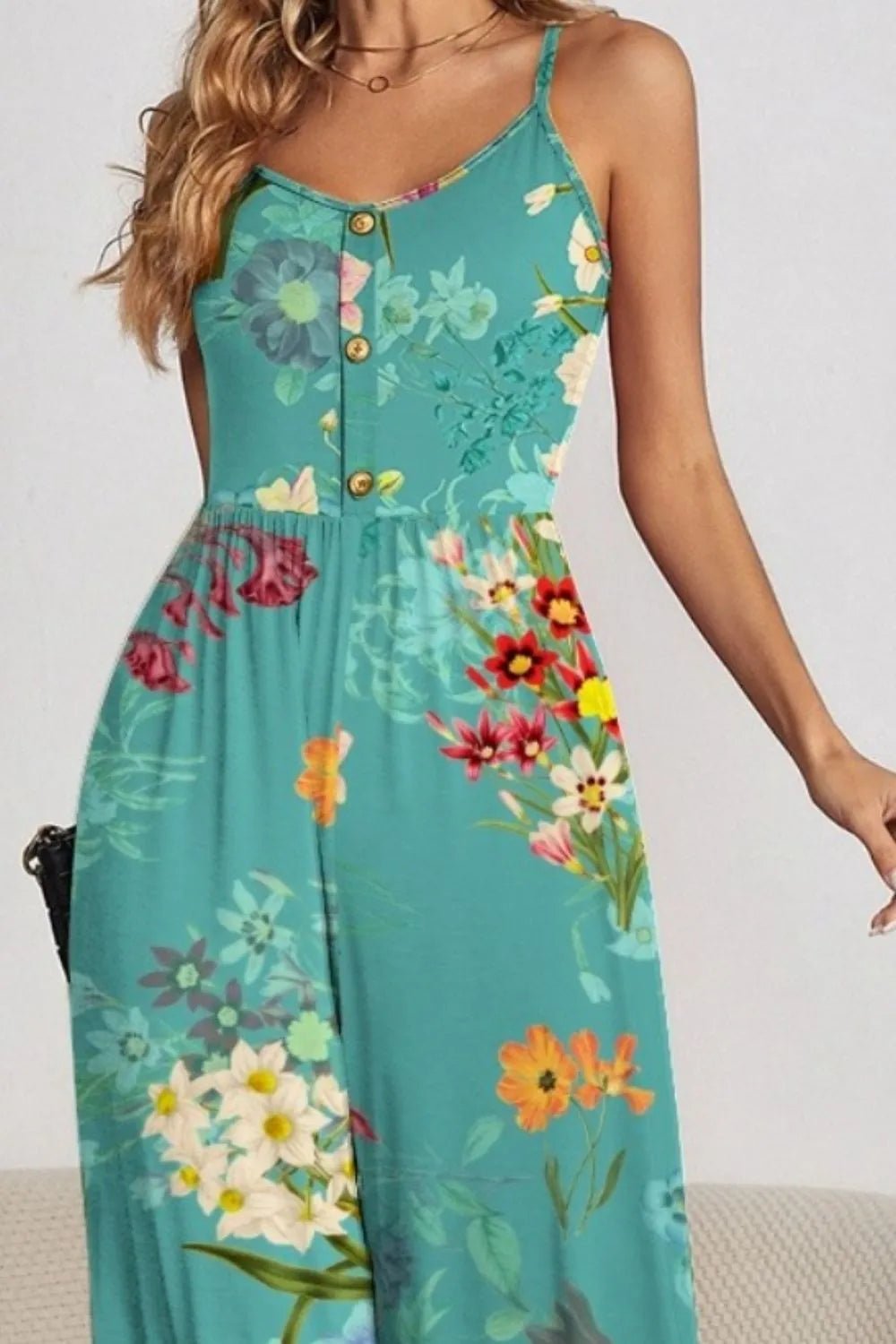 FAM - FAM Decorative Button Spaghetti Strap Wide Leg Jumpsuit - Maka Boho