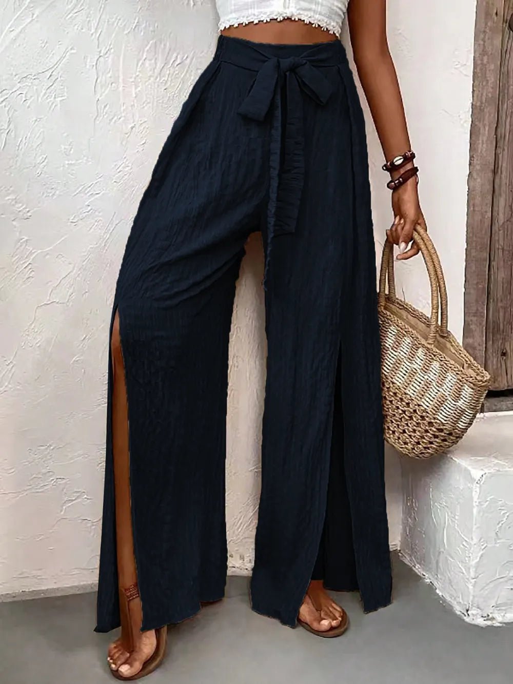 Honey Tied Slit Wide Leg Pants - Maka Boho