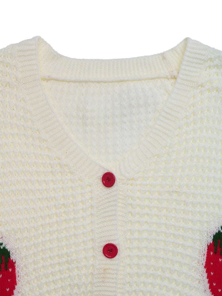 Strawberry Pattern V - Neck Button - Up Cardigan - Maka Boho