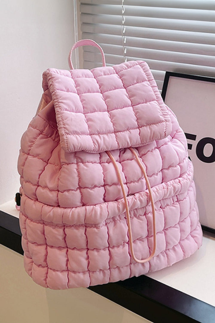 Pink Solid Flapped Quilted Puffer Backpack - Maka Boho