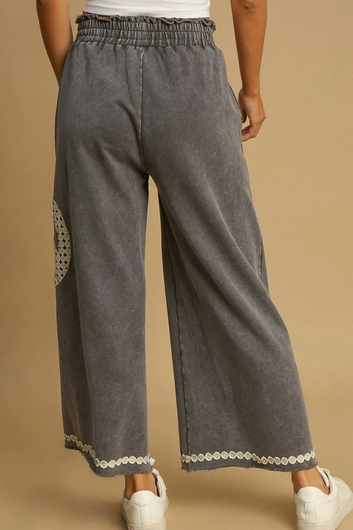 Umgee Full Size Peace Lace Applique Mineral Wash Wide Leg Pants Plus Size - Maka Boho