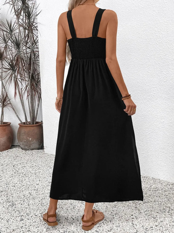 Perfee Embroidered Floral Side Slit Sleeveless Midi Dress - Maka Boho