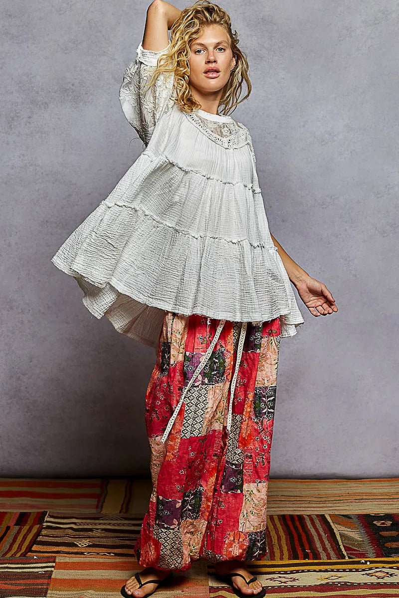 POL Lace Detail Tiered Round Neck Half Sleeve Blouse - Maka Boho