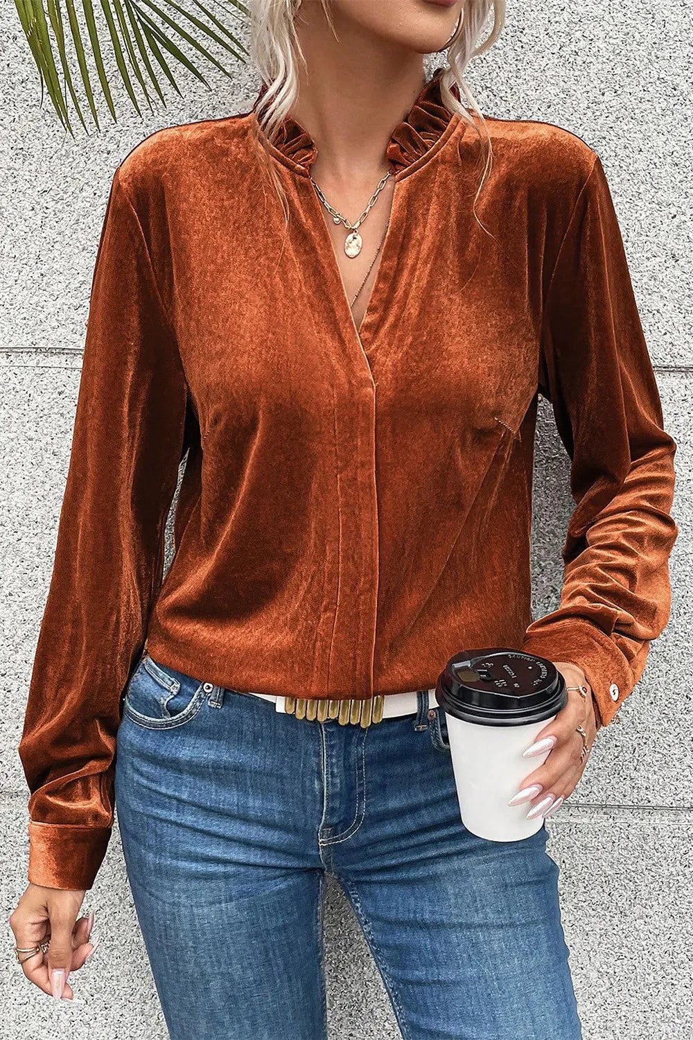 Notched Frill Detail Long Sleeve Blouse - Maka Boho