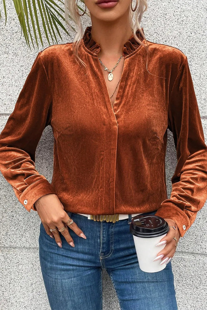 Notched Frill Detail Long Sleeve Blouse - Maka Boho