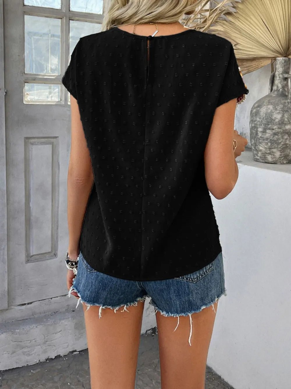 Devine Swiss Dot Round Neck Crochet Short Sleeve Top - Maka Boho