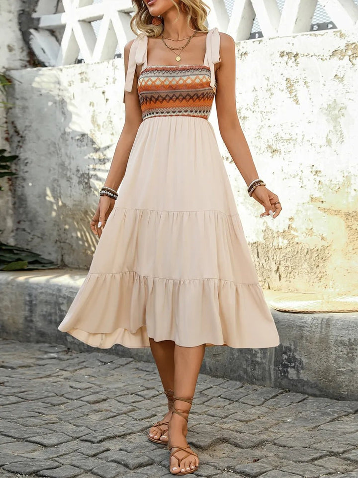 Tie Shoulder Square Neck Tiered Midi Dress - Maka Boho