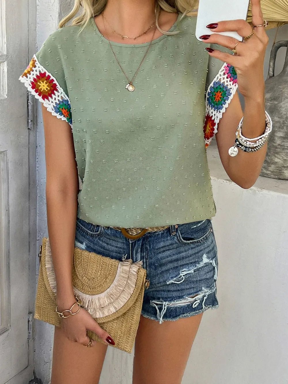 Devine Swiss Dot Round Neck Crochet Short Sleeve Top - Maka Boho