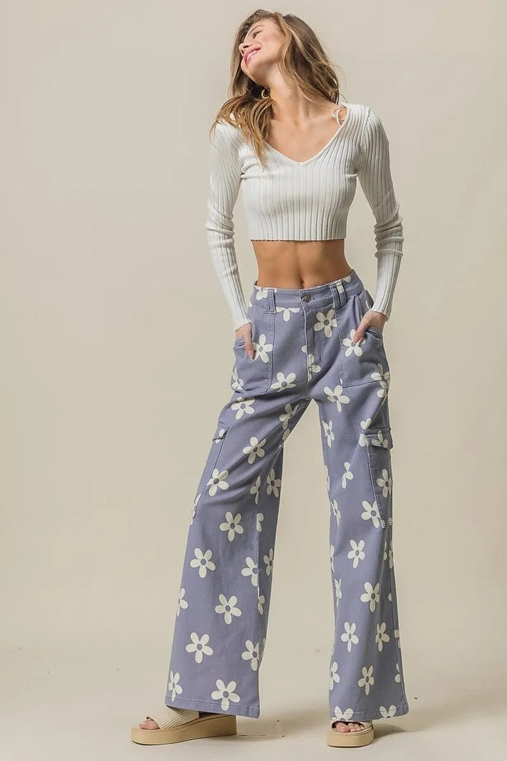 BiBi Flower Printed Side Pocket Wide Pants - Maka Boho